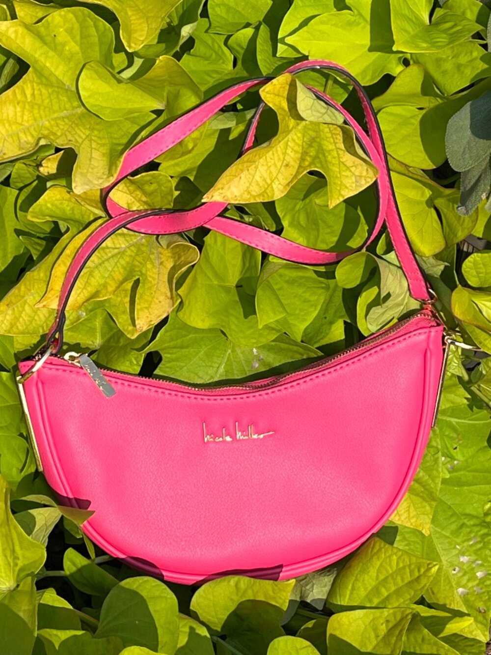 Nicole Miller New York Purse Fuchsia Pink Half Moon Hobo Preppy Crossbody Bag